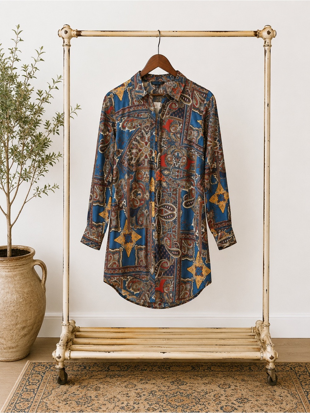 Women’s Casual Blue Paisley & Mosaic Print Button-Down Shirt or Dress